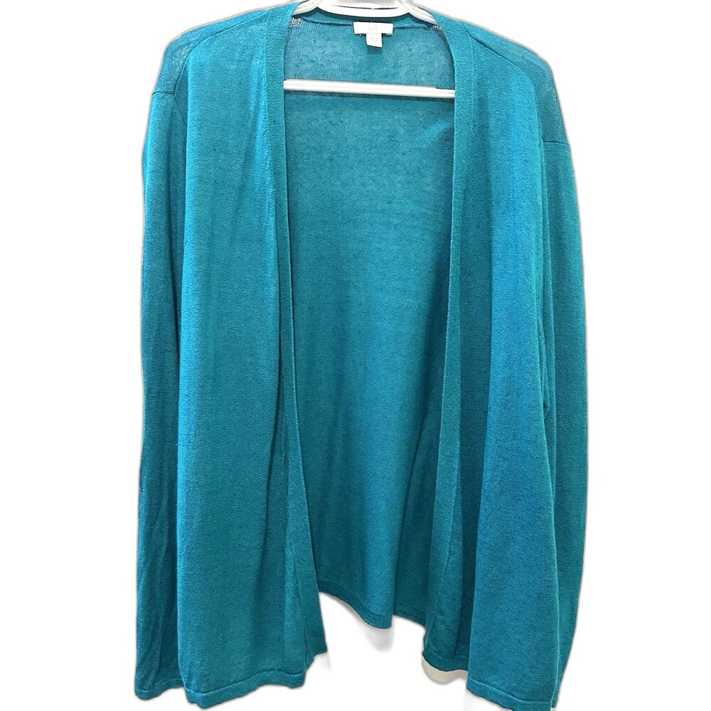 J. Jill Love Linen Lightweight Cardigan Aqua Size 2X Beachy Linen Knit Preppy